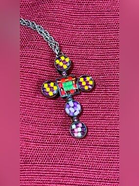 Ayala Bar Signed Mosaic Multicolor Cross Pendant Necklace Silver Tone Vintage